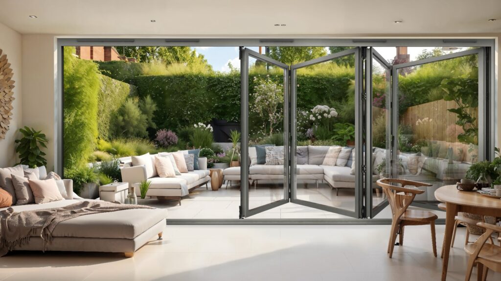technal floating mullion bifold door agate aluminium half open garden view bifold doors trinity windows jersey 2500