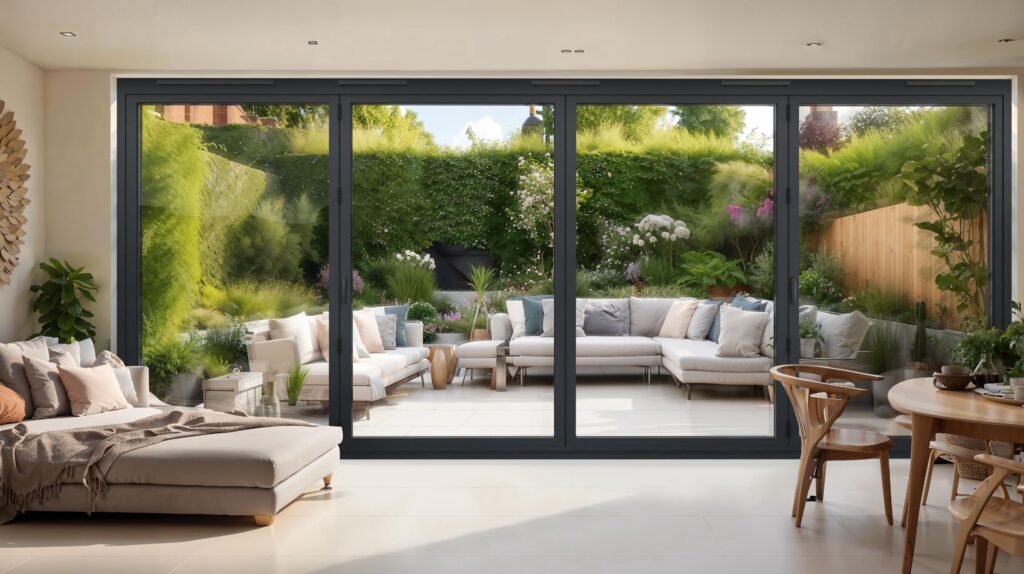 technal floating mullion bifold door grey aluminium closed garden view bifold doors trinity windows jersey 2500