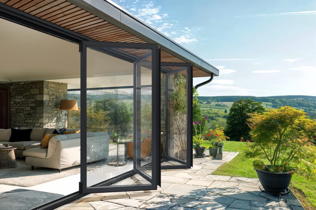 technal floating mullion bifold door grey aluminium half open country home bifold doors trinity windows jersey 2500