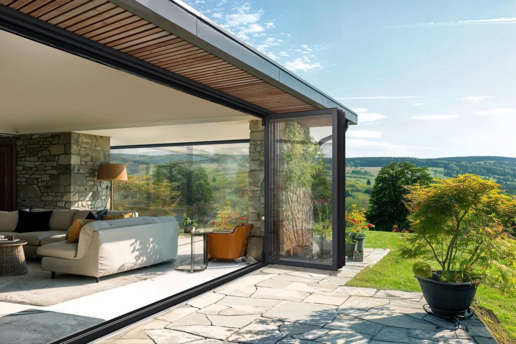 technal floating mullion bifold door grey aluminium open country home bifold doors trinity windows jersey 2500