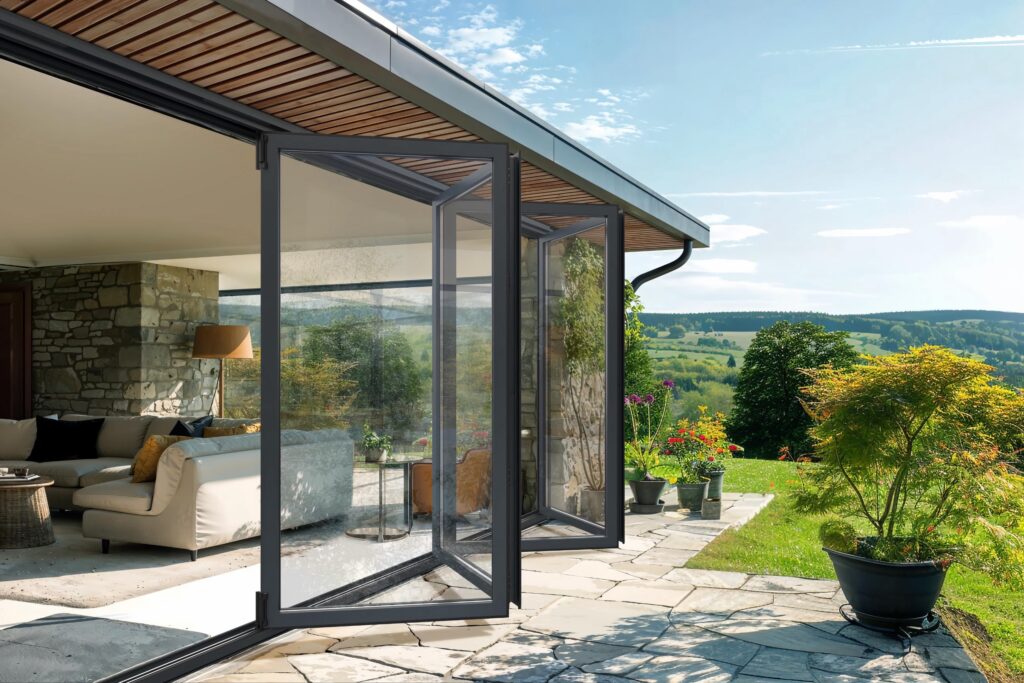 technal floating mullion bifold door kl005 aluminium half open modern home bifold doors trinity windows jersey 2500