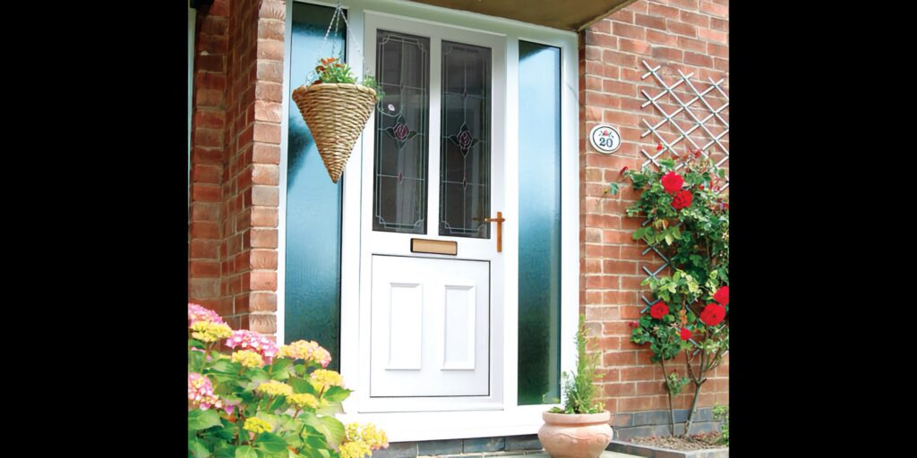 white upvc entrance door stained glass side panels entrance doors trinity windows jersey 2500
