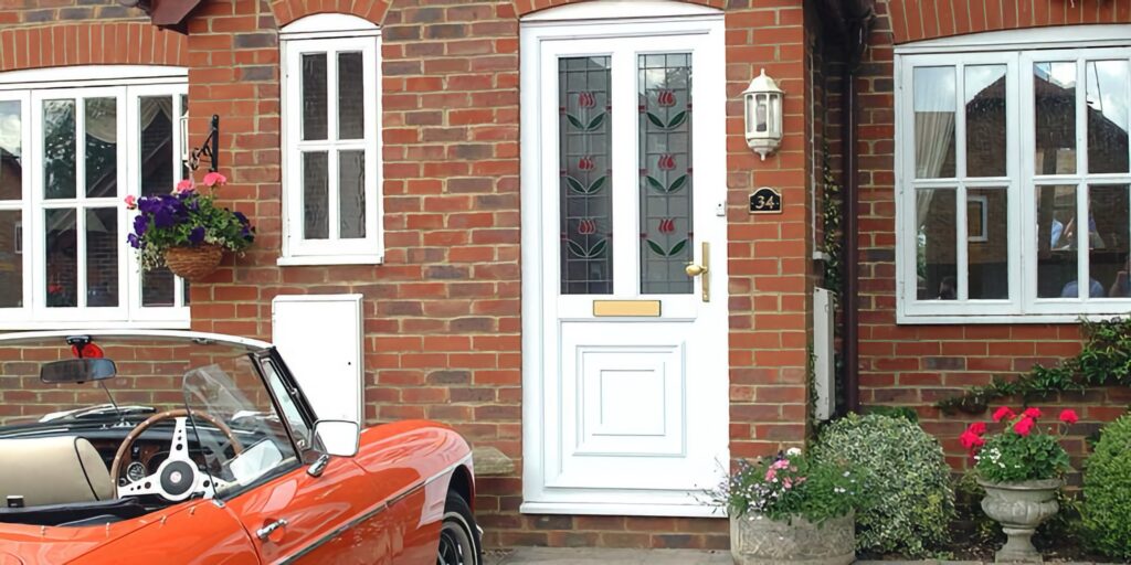 white upvc entrance door tulip stained glass entrance doors trinity windows jersey 2500
